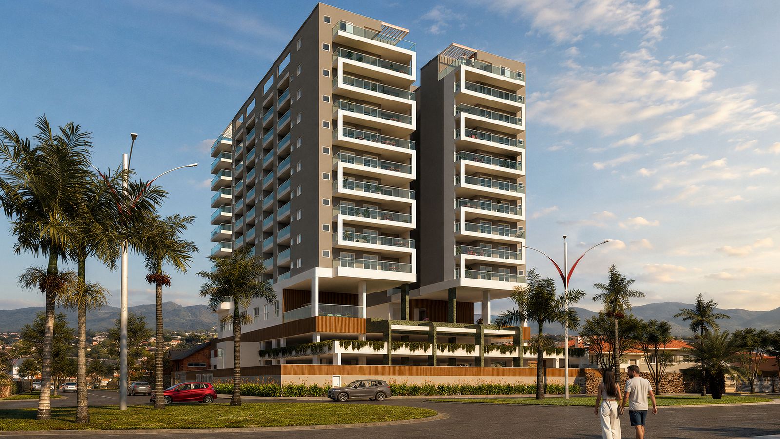 Render da fachada do Palm Bay Residencial, duas torres com sacadas envidraçadas